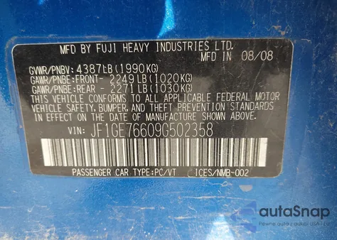 2009 Subaru Impreza Wrx из США, поврежденный, VIN JF1GE76609G502358